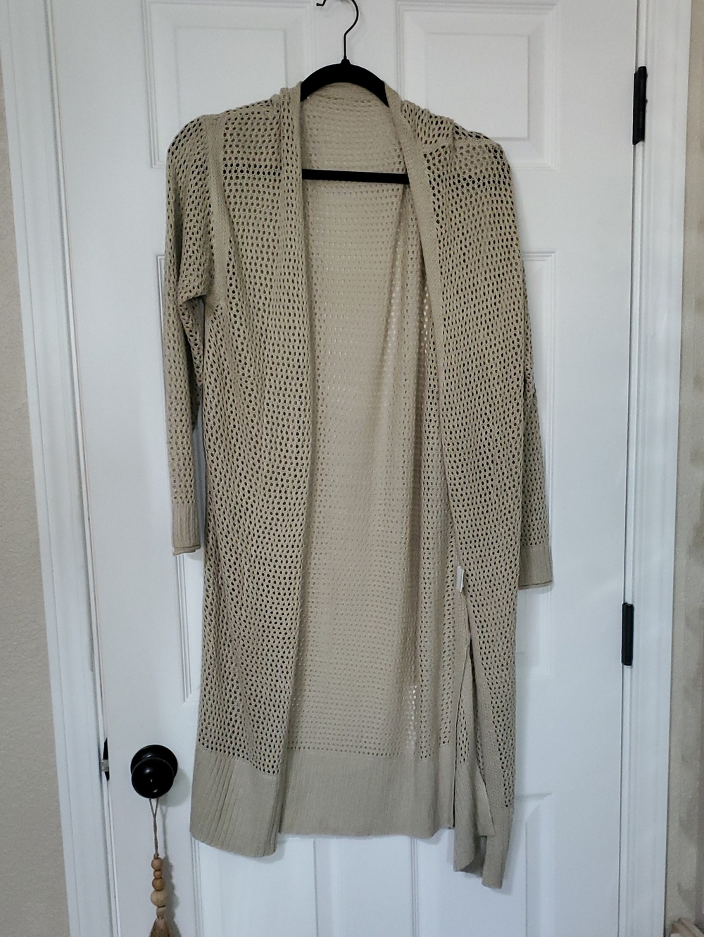 Light Khaki Open-Knit Long Cardigan